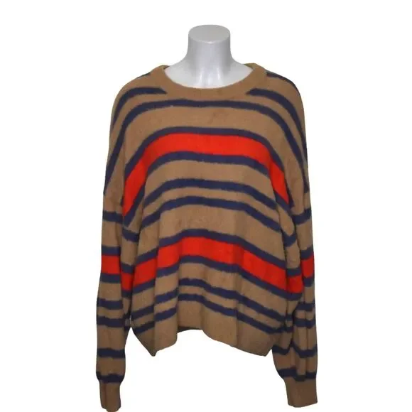 Aerie Oversized Fuzzy Striped Sweater Tan Red Blue Cozy Warm Womens XL - Picture 1 of 6